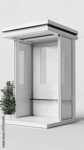 Booth for advertising. A series of white and grey images of different types of bus shelters photo