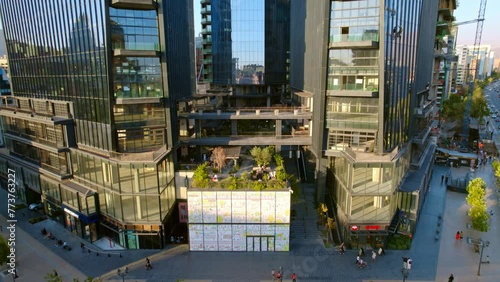 Aerial establishing shot of MUT urban market at Santiago de chile modern building downtown architecture, business center of South America