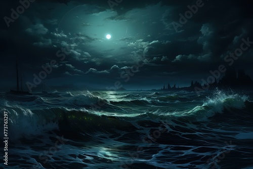 A painting of a stormy ocean at night © crazyass