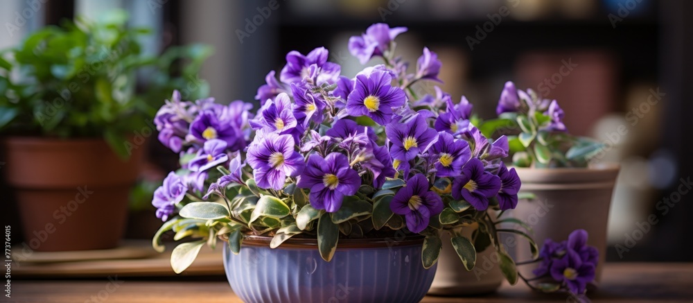 Purple flowers blooming in a vibrant blue pot placed on a wooden table surrounded by various green plants