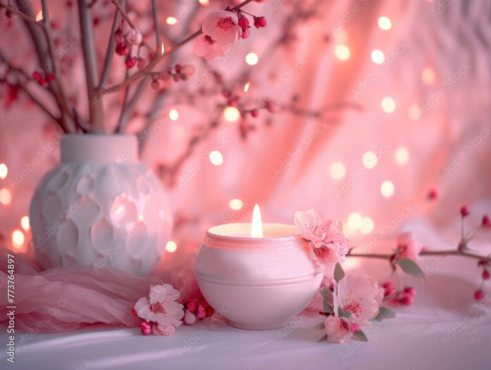 Valentine's Day background Romantic Candlelight photo with pink flowers, Feeling of love and passion love emotions, Spa and perfume advertising