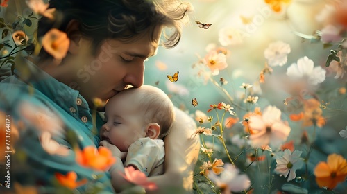 Young father with his newborn baby girl in the flower garden with butterfly. Parent holding child daughter son in hands, lifestyle parenting fatherhood moments.