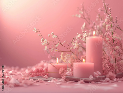 Valentine background romantic Pink flowers with Candle Light  Wedding invitation background  Mother s Day gift concept