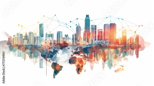 Fototapeta Naklejka Na Ścianę i Meble -  An artistic representation blending a bustling city skyline with vibrant connections of global network overlaid on a world map