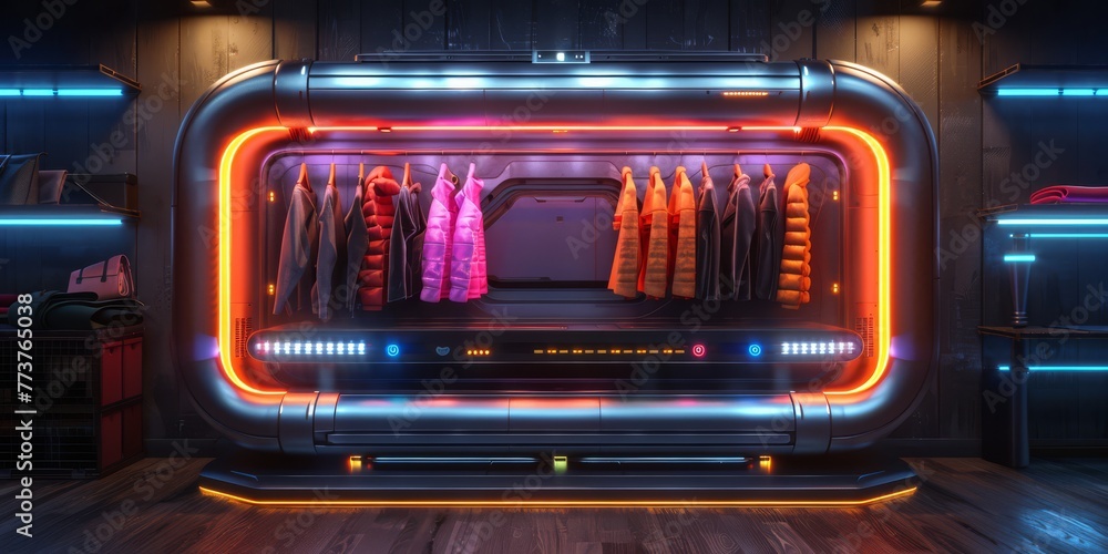 Futuristic 3D render of a high-tech, AI-powered clothing rack with a sleek, metallic design and holographic, customizable fashion suggestions Futuristic 3D render of a high-tech, AI-powered clothing rack with a sleek, metallic design and holographic, customizable fashion suggestions