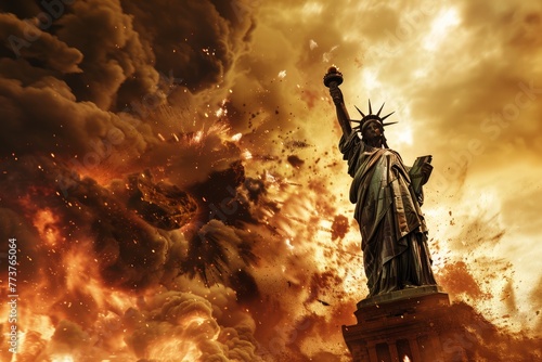 Fictional illustration of New York under attack, Statue of Liberty in Fire - demolished city in smoke and flames