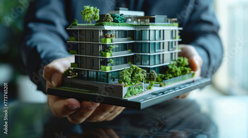 A property manager holding a miniature model of a commercial office building, highlighting the eco-friendly building materials and energy-saving design, during a presentation to prospective tenants.