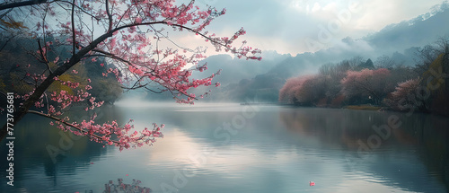 quiet lake in the mountain surrounded by beautiful nature scenery, Cherry blossoms blooming near the lake Foggy, cloudy sky 