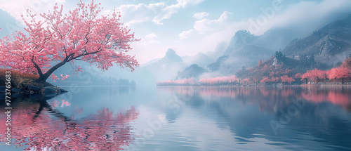 quiet lake in the mountain surrounded by beautiful nature scenery  Cherry blossoms blooming near the lake Foggy  cloudy sky  