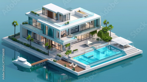 A modern isometric building icon of a luxury waterfront villa with infinity pool and private dock, epitomizing opulence. © Adeel  Hayat Khan