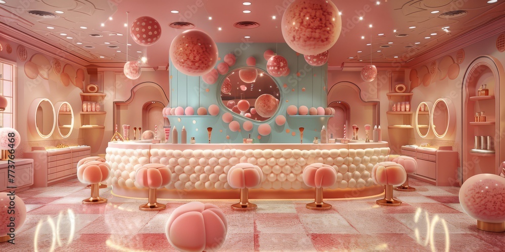 Whimsical 3D render of a fantastical, candy-colored cosmetics counter with oversized, lollipop-like makeup brushes and playful, confetti-shaped beauty products - obrazy, fototapety, plakaty 