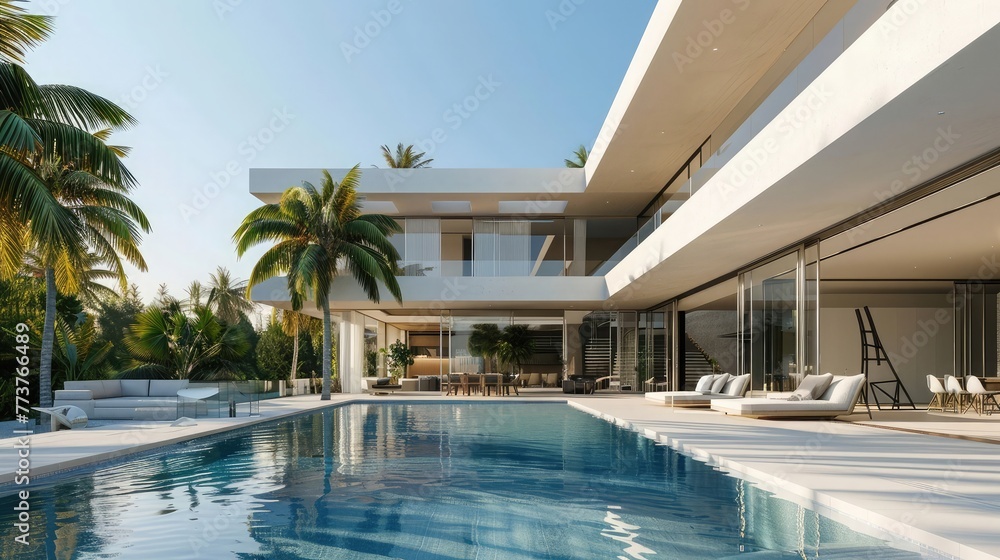 Exterior of amazing modern minimalist cubic villa with large swimming pool among palm trees. Created with generative Ai