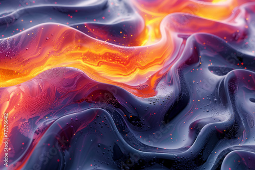 A painting of a lava flow with orange and blue colors. AI.