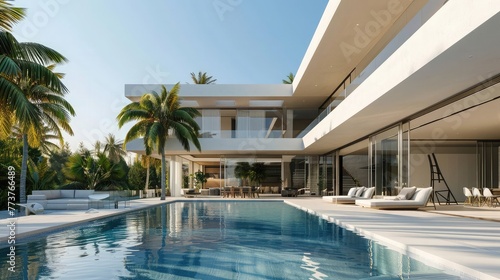Exterior of amazing modern minimalist cubic villa with large swimming pool among palm trees. Created with generative Ai © Khalif