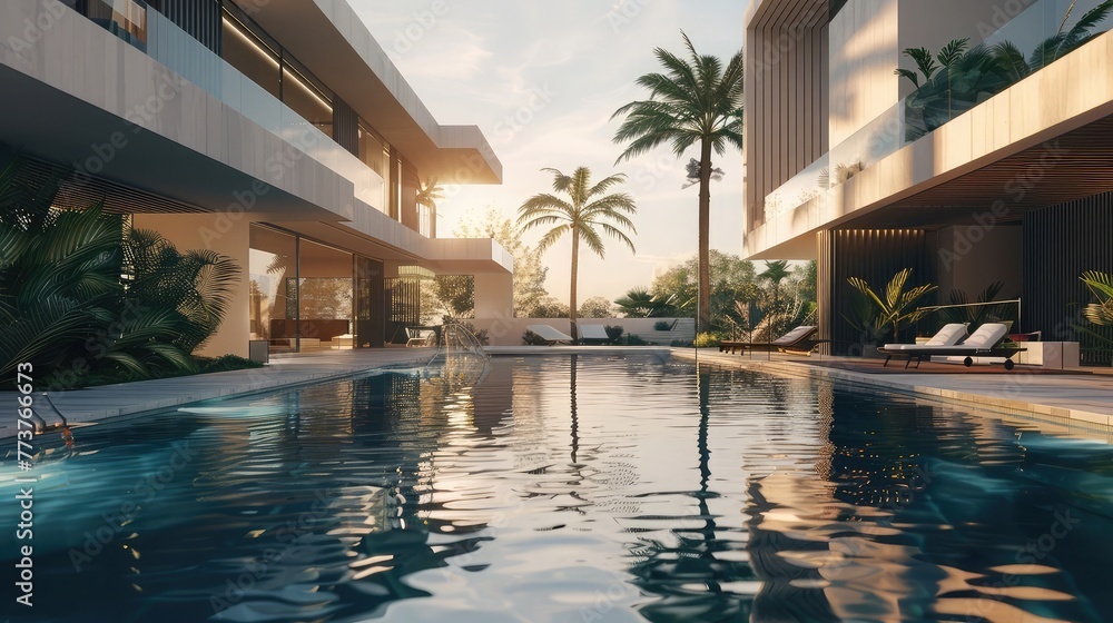 Exterior of amazing modern minimalist cubic villa with large swimming pool among palm trees. Created with generative Ai