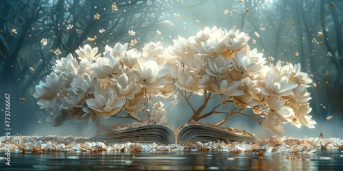 Whimsical 3D render of a fantastical, oversized book display with blooming, flower-like pages and playful, petal-shaped bookmarks