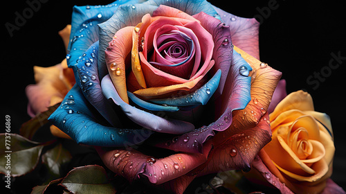 An artistic capture of the vibrant and rare Rainbow Rose, its multicolored petals standing out against a plain backdrop