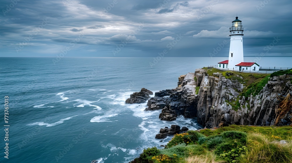 Dramatic Coastal Lighthouse Overlooking Turbulent Seascape with Stormy Skies