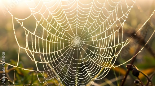 Intricate Dew Kissed Spider Web in the Morning Light