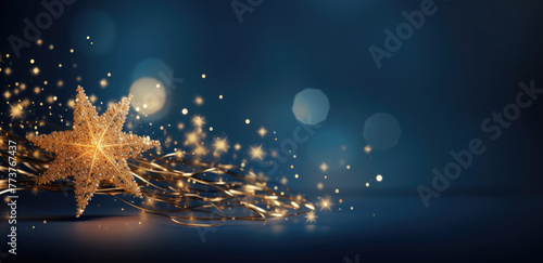 Abstract luxury golden wave lines star shape curved overlapping on dark blue background. Template premium award design. Premium background. Luxury Blue and gold background. Christmas banner