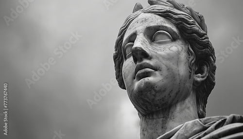 Black and white close-up of a classical statue, showcasing intricate details against a moody cloudy sky