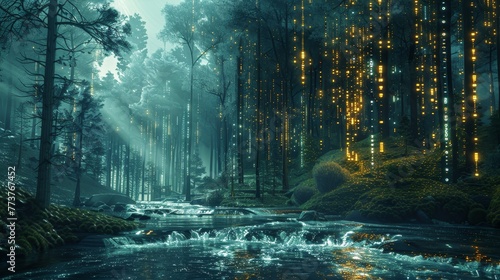 A digital forest where data streams flow like rivers