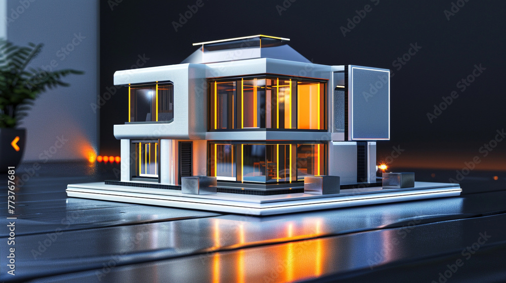 A futuristic 3D Max miniature house, with glowing windows and an energy-efficient design, showcased on a matte black background to highlight its features. A futuristic 3D Max miniature house, with glowing windows and an energy-efficient design, showcased on a matte black background to highlight its features.