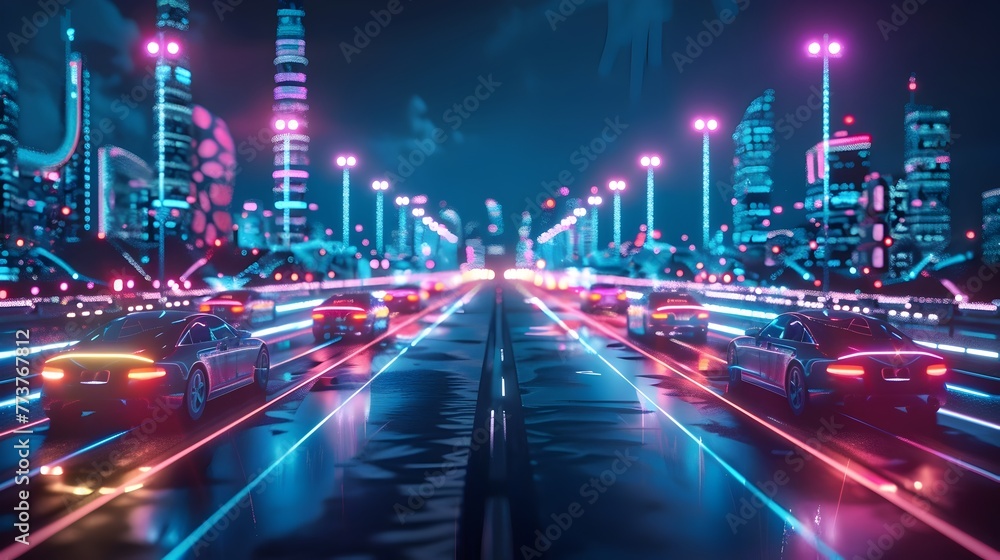 Futuristic City Landscape with Neon Lights and Self Driving Cars in a Bustling Urban Transportation Network