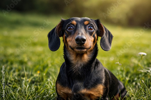 Senior dachshund dog resting in green grass, looking up at camera. Old dachshund with a heartfelt gaze lounges on a lush lawn, outdoors. Pet love, domestic animals concept. Copy ad text space © Alex Vog