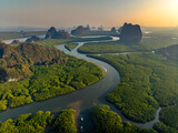 aerial view mangrove forest and mountain peak of Phang nga bay, Thailand