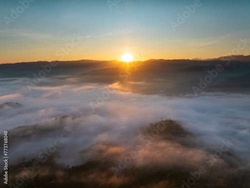 Beautiful morning Sunrise and Fog flow over mountain in Ai yerweng  Yala  Thailand