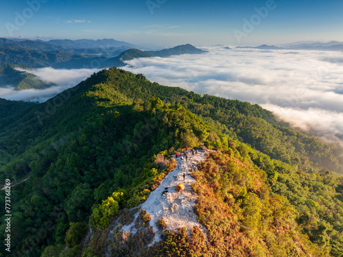 Beautiful morning Sunrise and Fog flow over mountain in Ai yerweng, Yala, Thailand © lkunl