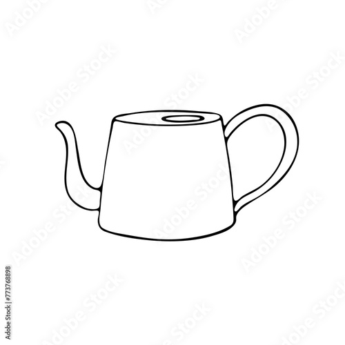 Cute single hand drawn water can for gardening. Watering can for plants in garden.Black line simple doodle vector illustration. Isolated on white background.