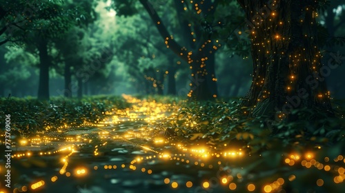 A network of glowing pathways in a surreal forest