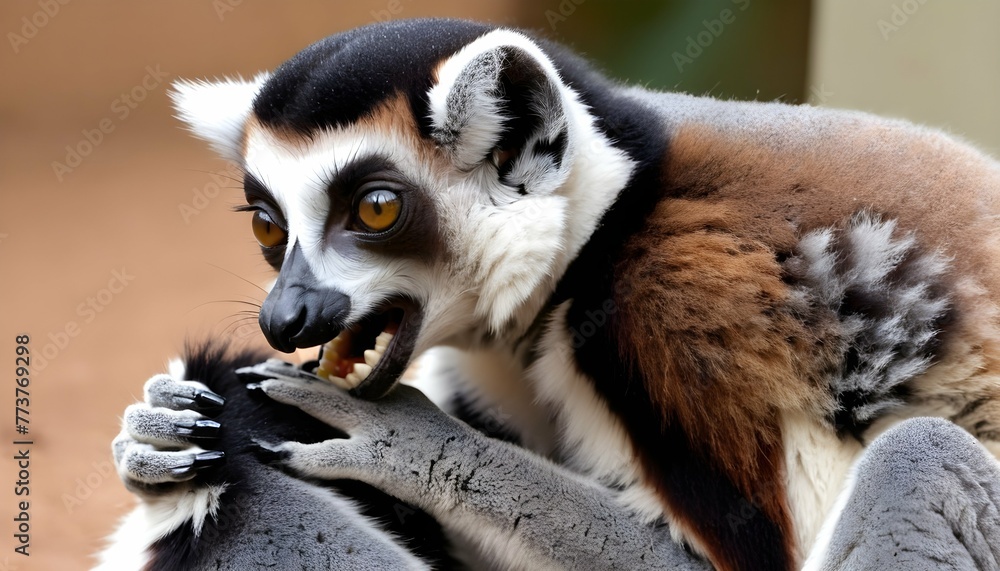 Naklejka premium A Lemur Grooming Its Fur Using Its Teeth To Remov 2