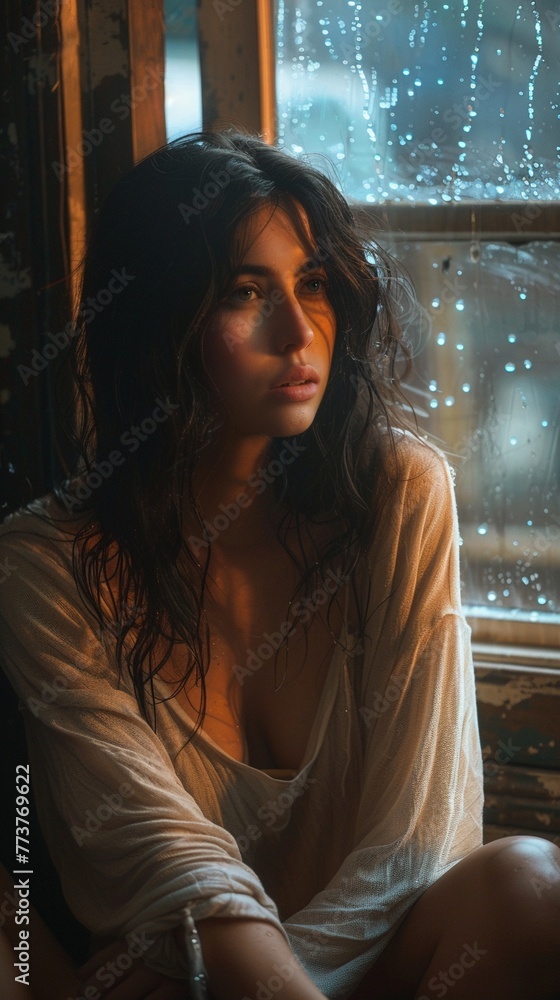 Obraz premium A woman sitting by a window, tears streaming down her face, in a somber environment