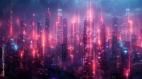 A surreal cityscape with buildings connected by neon tubes of light © MAY