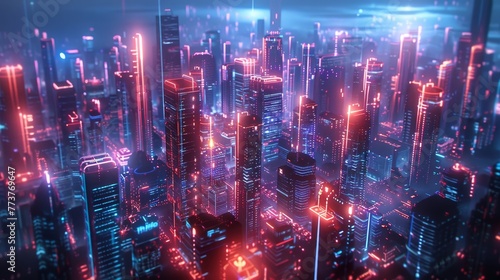 A surreal cityscape with buildings connected by neon tubes of light