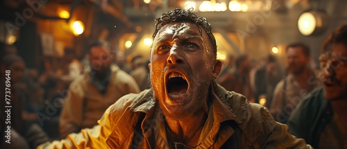 An inebriated man yelling in a crowded bar, with faces of concern around him