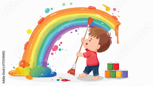 Cartoon Cute little boy painting and drawing rainbow o