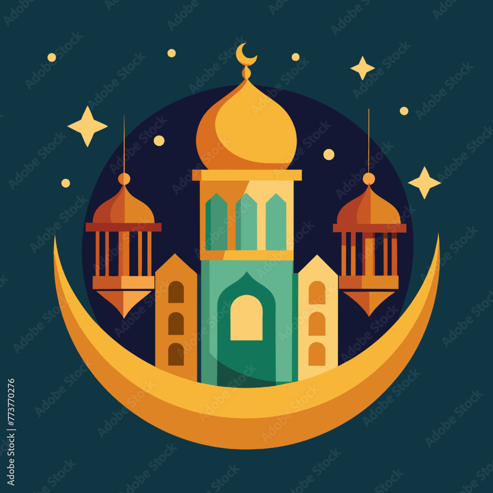Fototapeta premium Ramadan Kareem card with mosque and moon. Vector illustration.