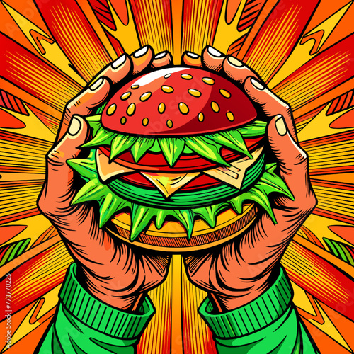 Hands holding burger. Pop art retro comic book style vector illustration.
