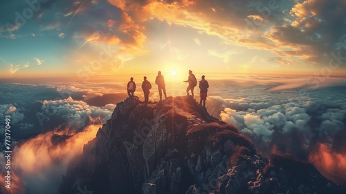A group of people are standing on a mountain top. travel concept.
