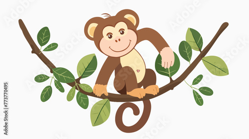 Cartoon funny monkey on a tree branch flat vector isolated