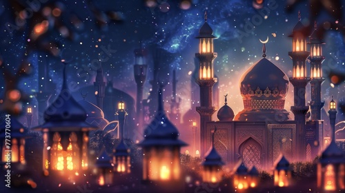 Ramadan kareem background with combination of lanterns, arabic calligraphy, and mosque.
