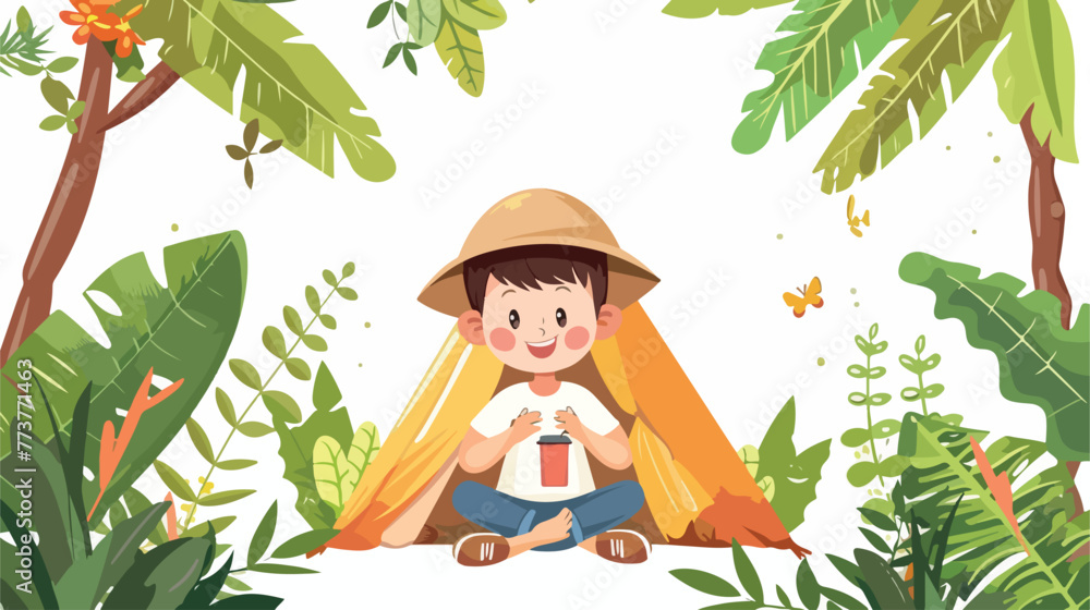 Cartoon little boy camping in the jungle flat vector isolated