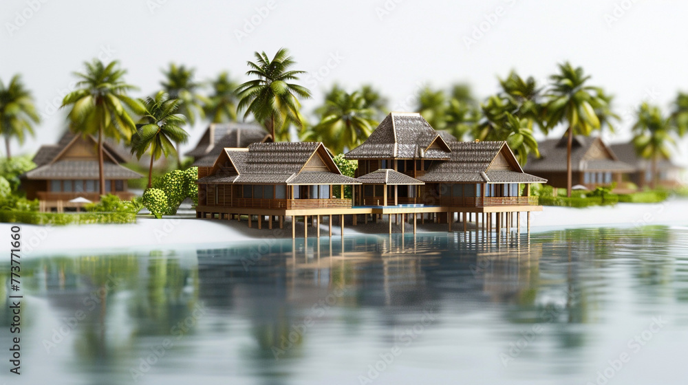 A 3D printed model of a tropical resort with bungalows over the water and palm trees, set against a white background to evoke a paradise getaway.