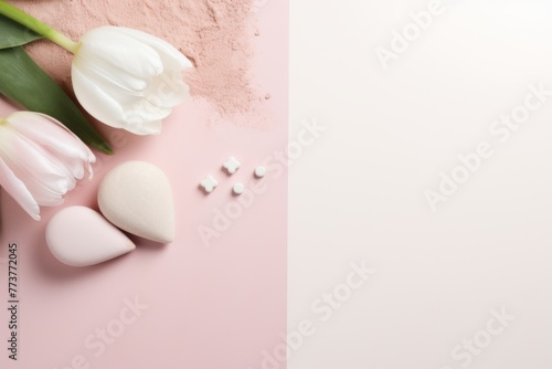 Tulips flowers on a pastel pink background, in a flat lay, space for text, stock photo contest winner, high resolution, stock quality, high detail  © MING
