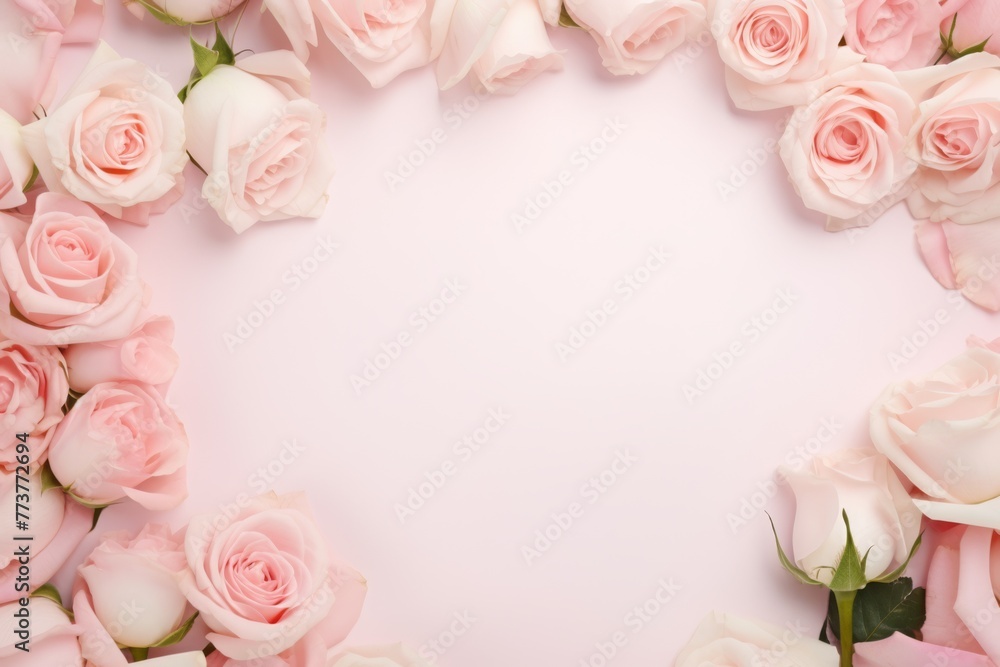 The white rectangular frame is placed on the background, surrounded by roses and flowers, creating an elegant minimalist composition. The top view of the photo highlights the delicate petals and leave