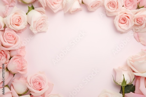 The white rectangular frame is placed on the background  surrounded by roses and flowers  creating an elegant minimalist composition. The top view of the photo highlights the delicate petals and leave